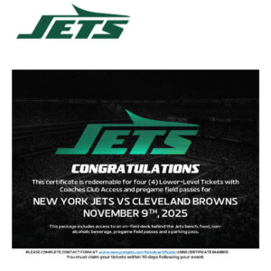 New York Jets vs Cleveland Browns – 4 Lower-Level Coaches Club Tickets + Pregame Field Passes (Nov 9, 2025)