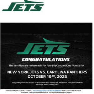New York Jets vs Carolina Panthers – 4 Coaches Club Tickets + On-Field Access (Oct 19, 2025)