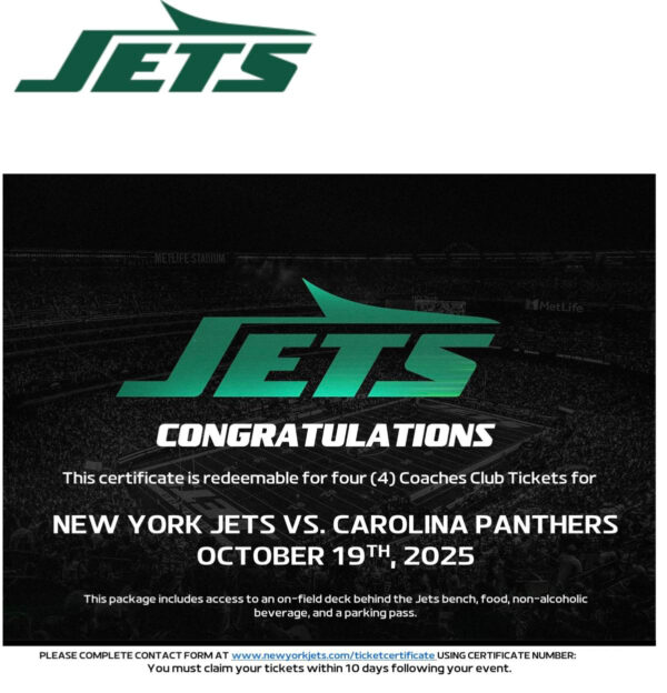 New York Jets vs Carolina Panthers – 4 Coaches Club Tickets + On-Field Access (Oct 19, 2025)